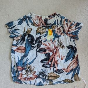 100% Linen C&C California Floral Blouse - Blue and Brown